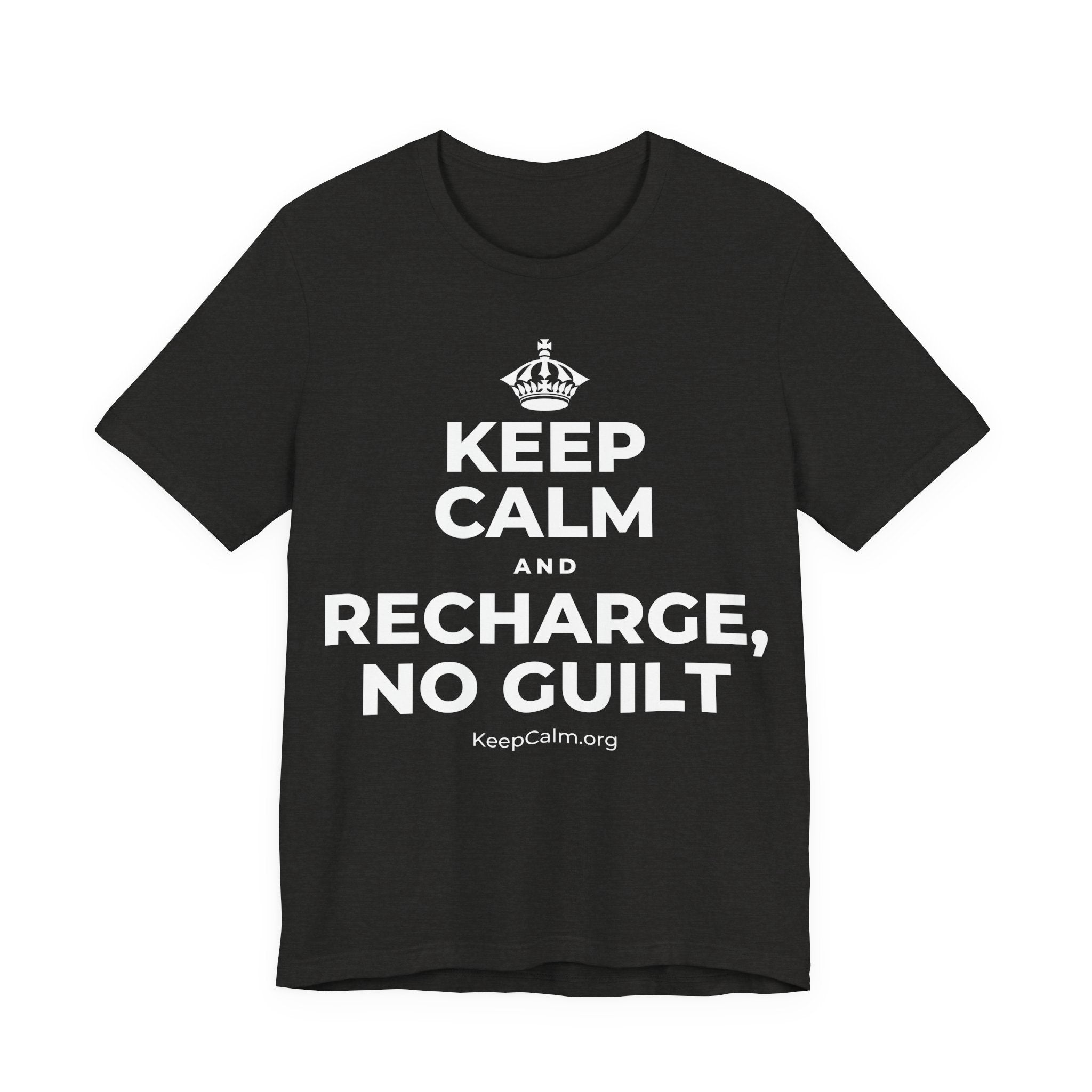 KEEP CALM AND RECHARGE, NO GUILT T-Shirt (Soft Cream–Heather Mauve)