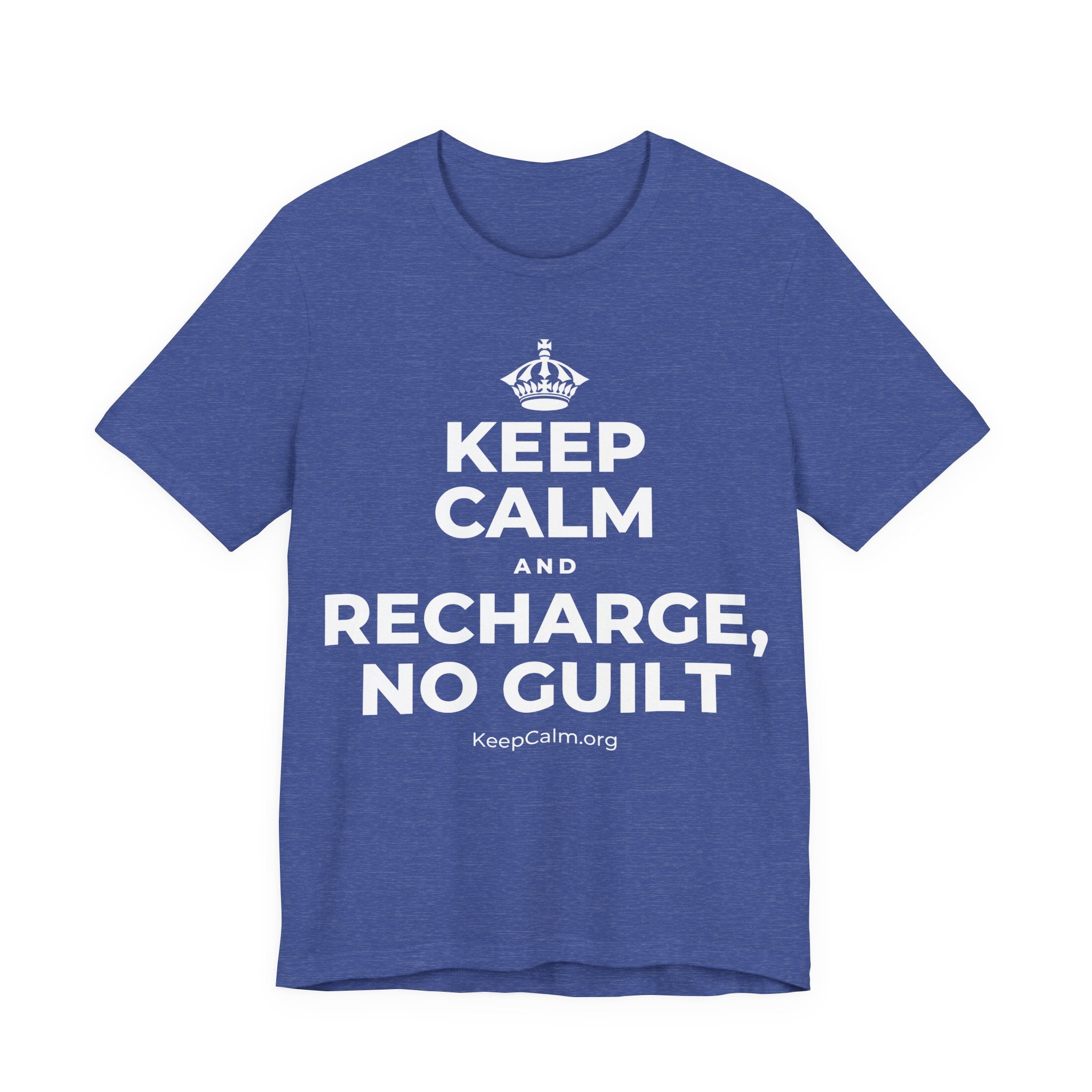 KEEP CALM AND RECHARGE, NO GUILT T-Shirt (Baby Blue–Silver)