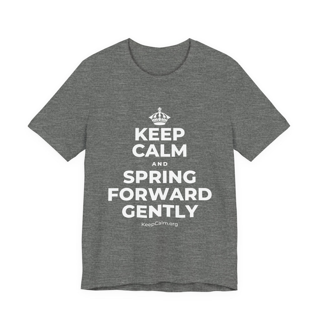KEEP CALM AND SPRING FORWARD GENTLY T-Shirt (Baby Blue–Silver)