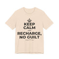 KEEP CALM AND RECHARGE, NO GUILT T-Shirt (Soft Cream–Heather Mauve)