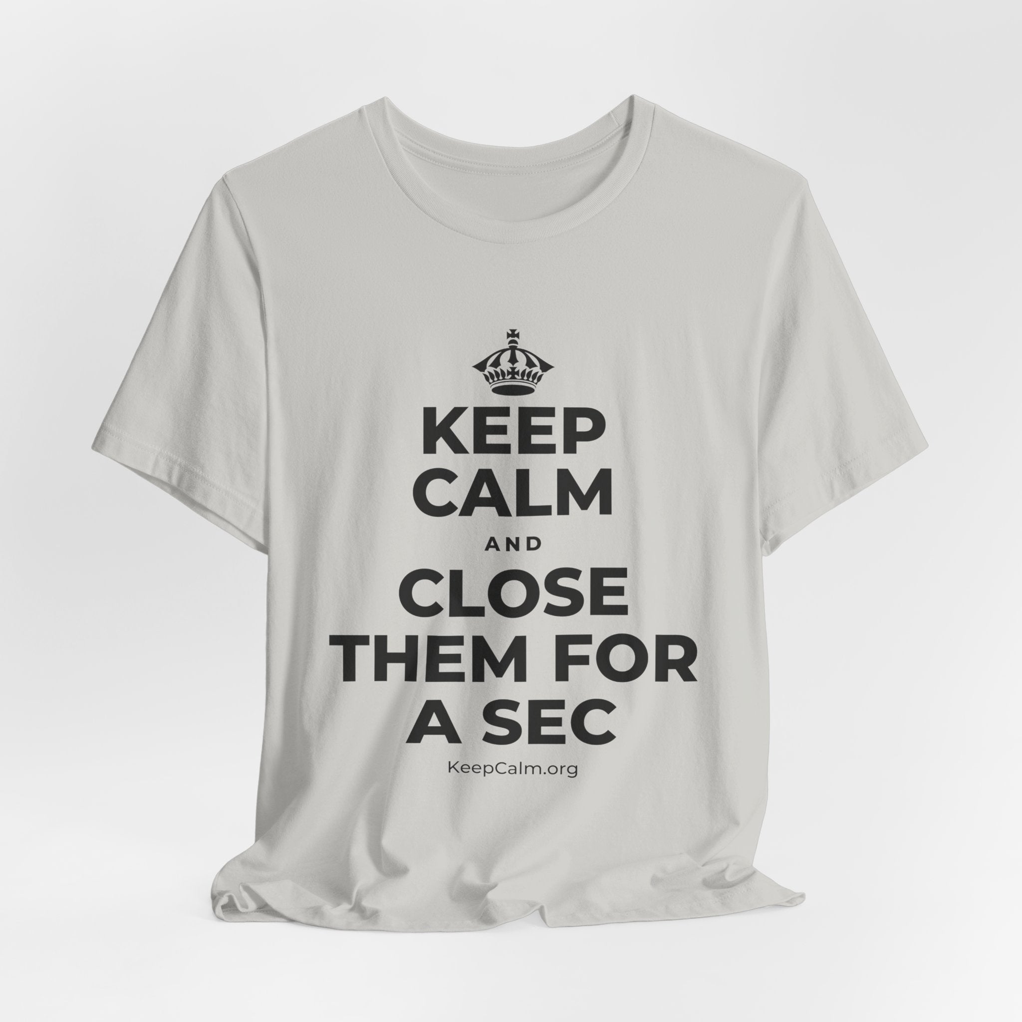KEEP CALM AND CLOSE THEM FOR A SEC T-Shirt (Baby Blue–Silver)