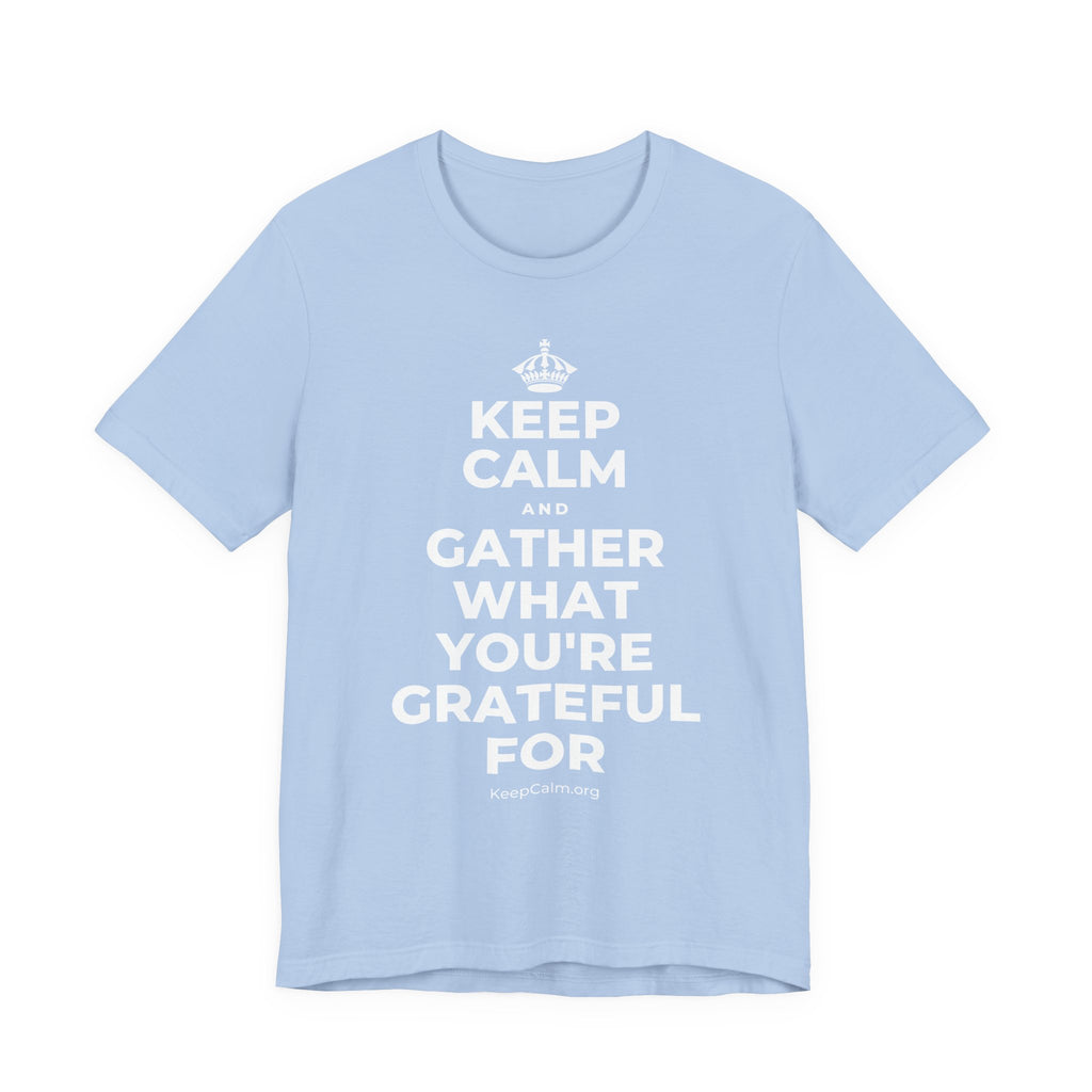 KEEP CALM AND GATHER WHAT YOU'RE GRATEFUL FOR T-Shirt (Baby Blue–Silver)