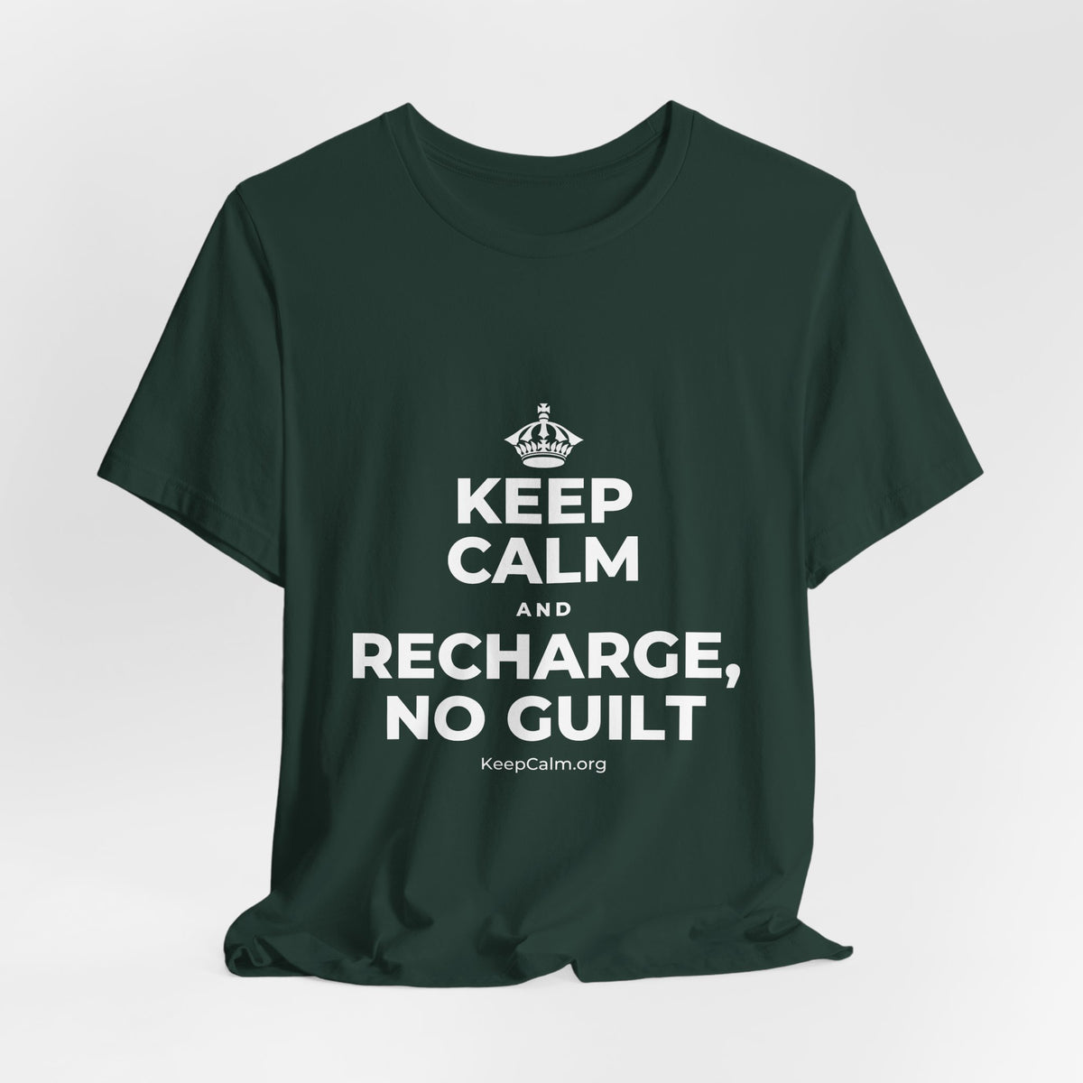 KEEP CALM AND RECHARGE, NO GUILT T-Shirt (White–Asphalt)