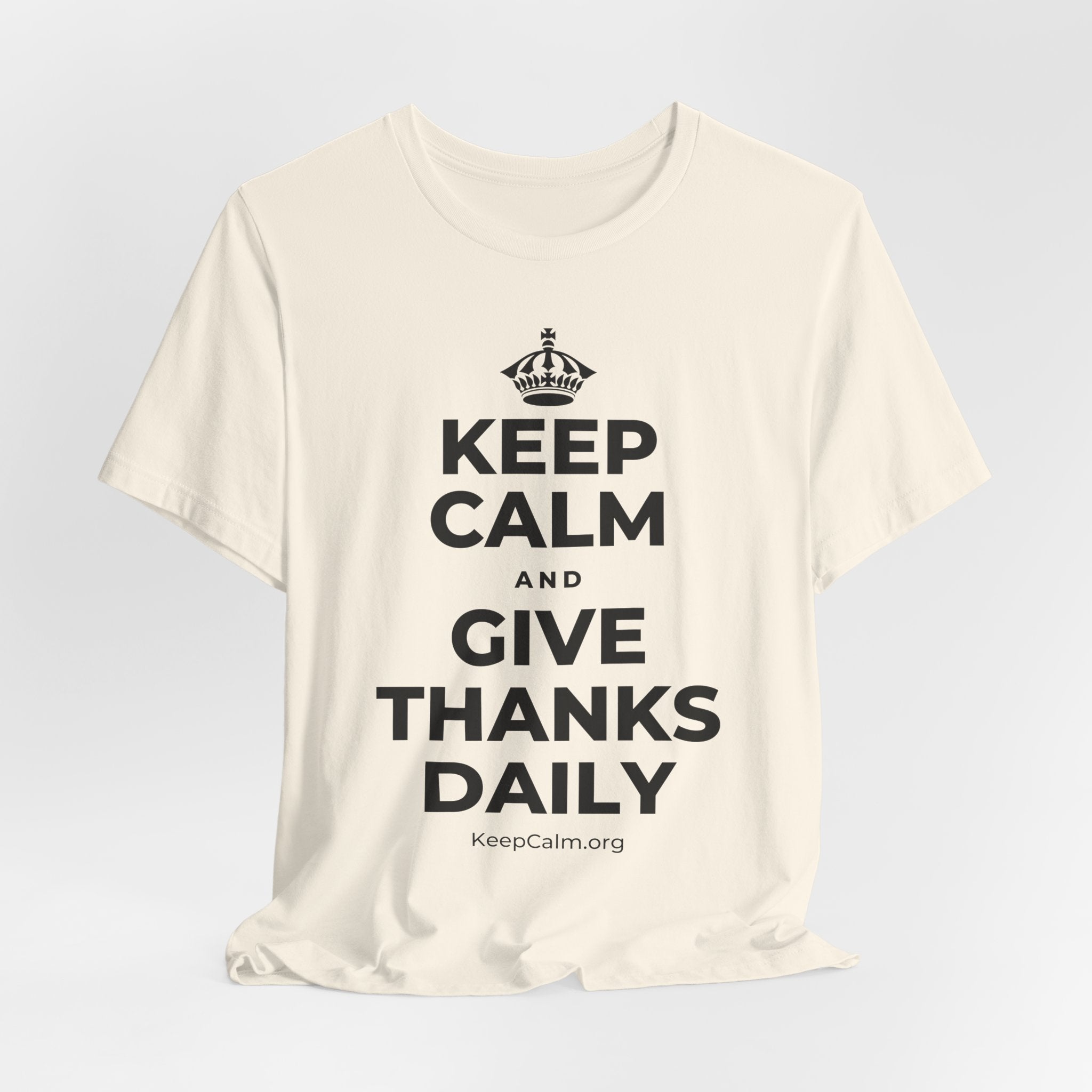 KEEP CALM AND GIVE THANKS DAILY T-Shirt (White–Asphalt)