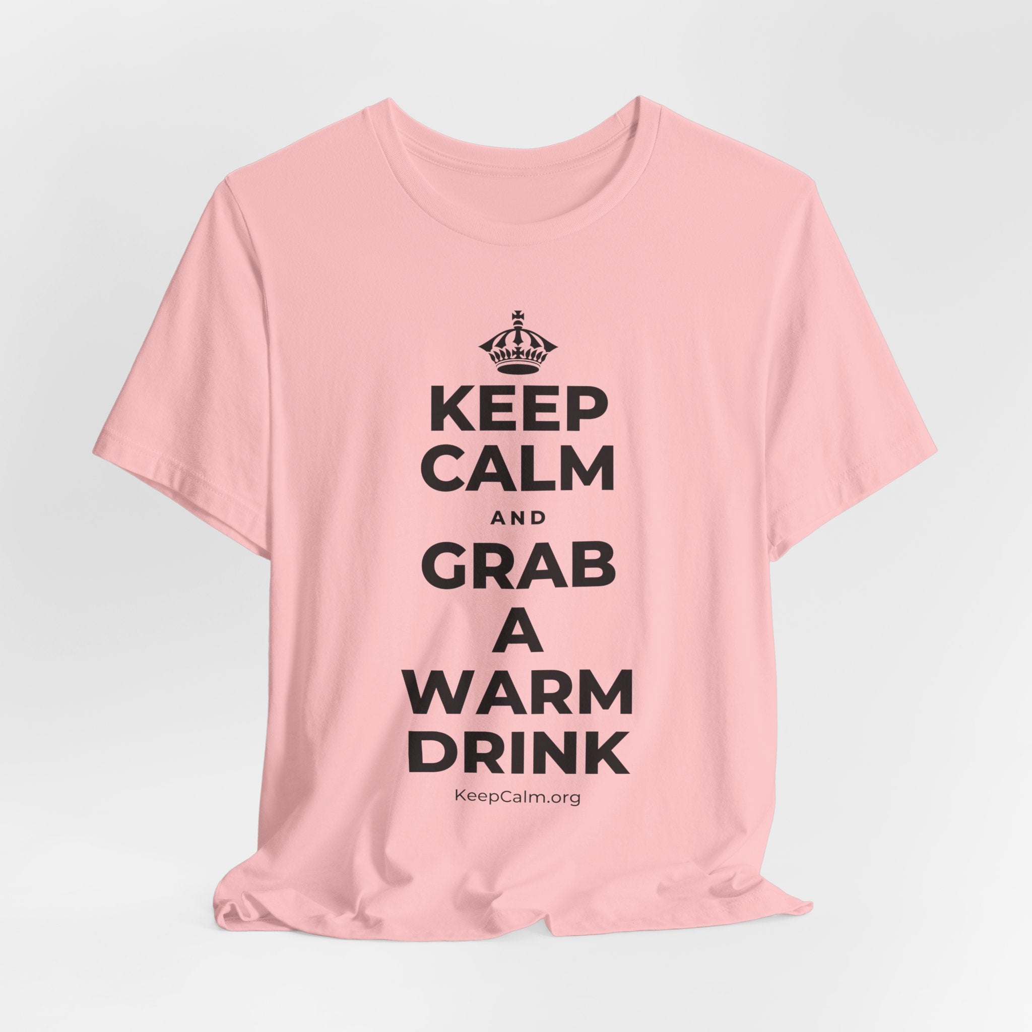 KEEP CALM AND GRAB A WARM DRINK T-Shirt (White–Asphalt)