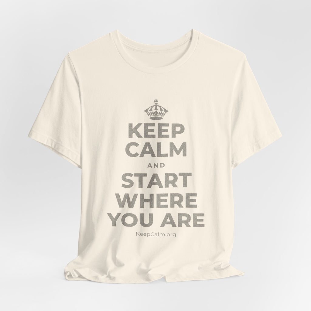 KEEP CALM AND START WHERE YOU ARE T-Shirt (White–Asphalt)