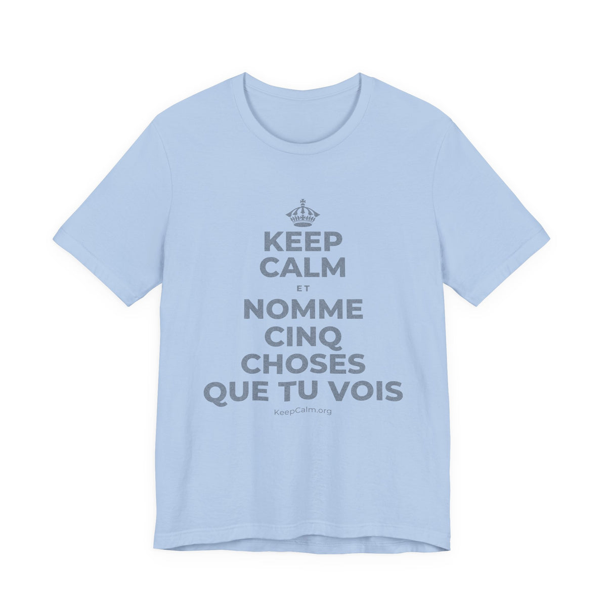 KEEP CALM ET NOMME CINQ CHOSES QUE TU VOIS T-Shirt (Baby Blue–Silver)