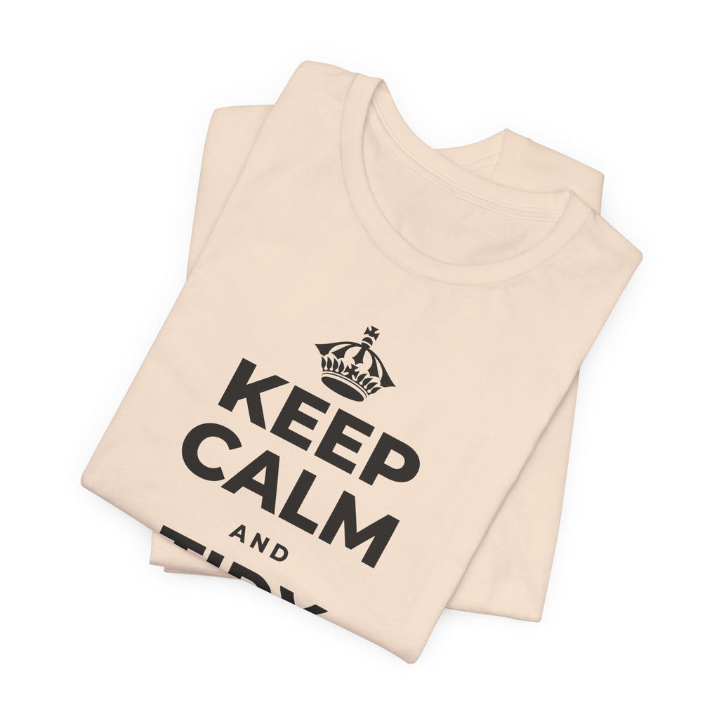 KEEP CALM AND TIDY ONE THING T-Shirt (Soft Cream–Heather Mauve)