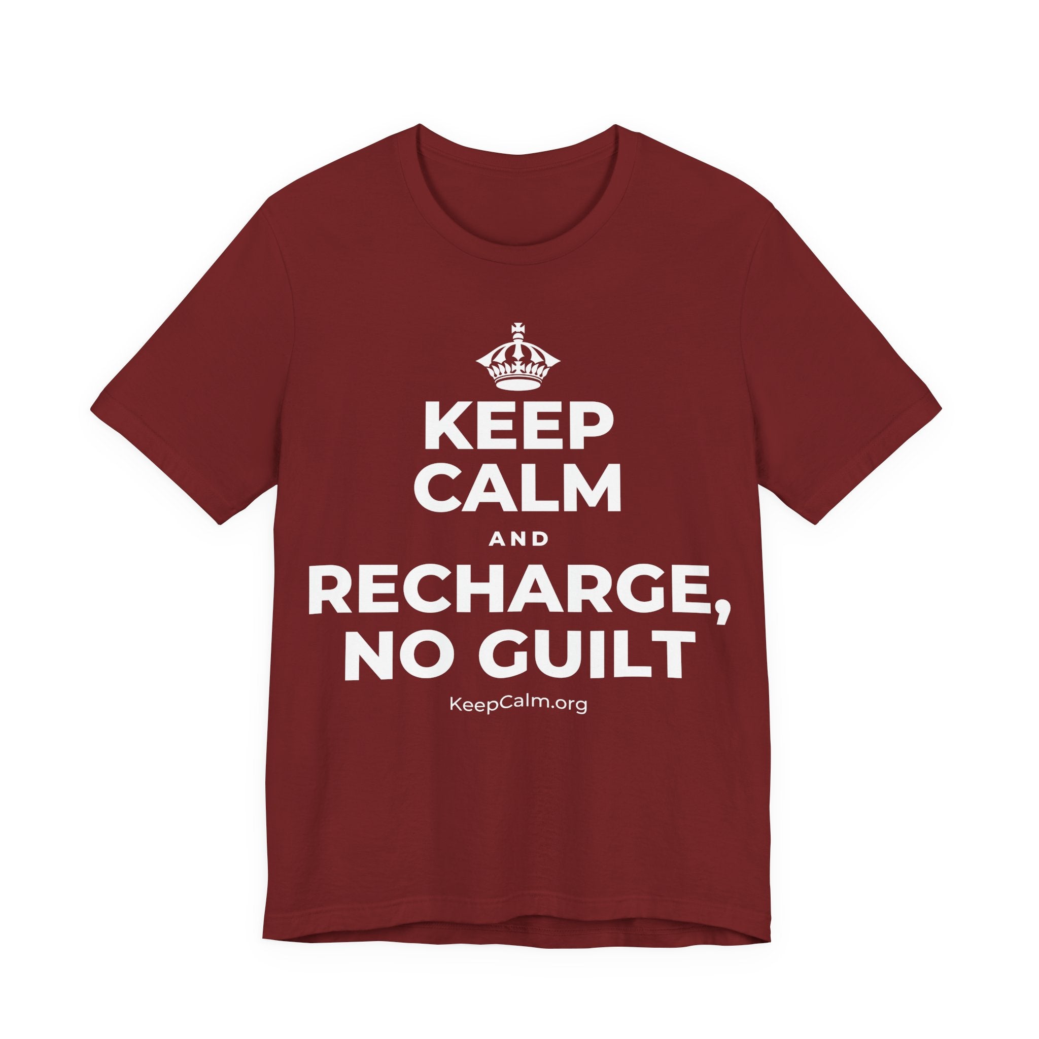 KEEP CALM AND RECHARGE, NO GUILT T-Shirt (Baby Blue–Silver)