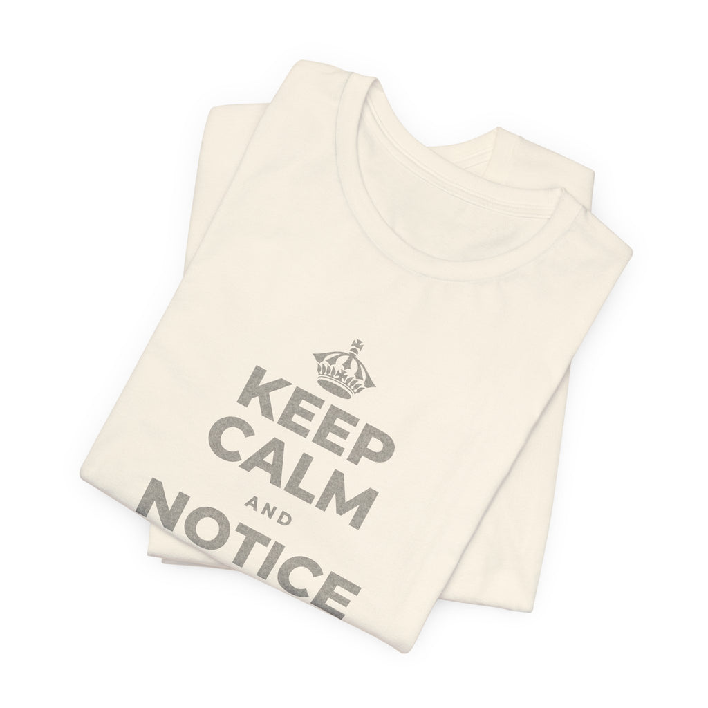 KEEP CALM AND NOTICE YOU'RE SAFE RIGHT NOW T-Shirt (White–Asphalt)