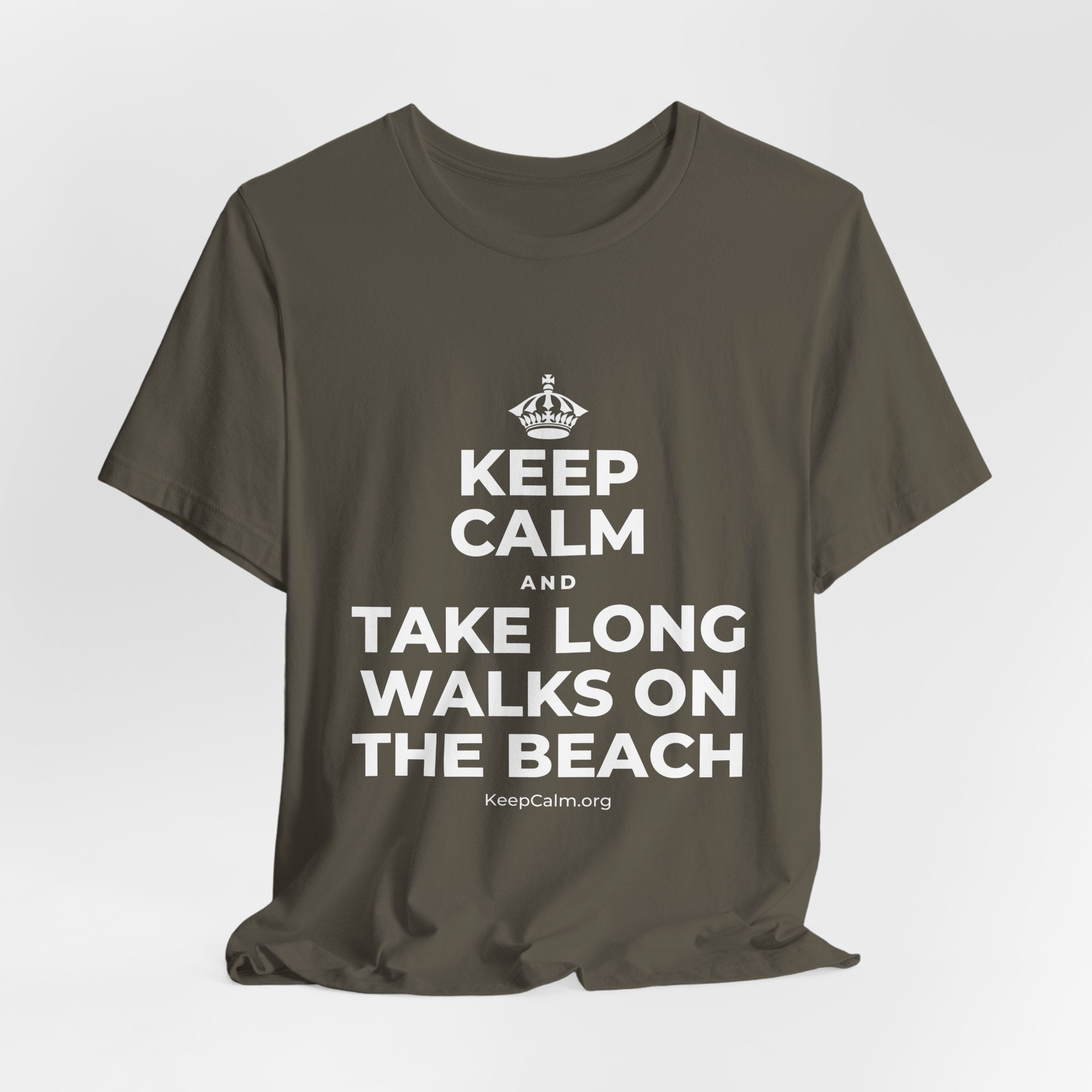 KEEP CALM AND TAKE LONG WALKS ON THE BEACH T-Shirt (White–Asphalt)