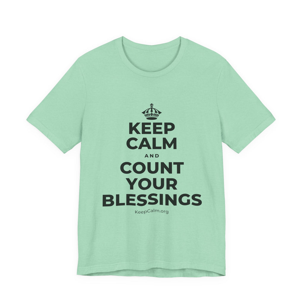 KEEP CALM AND COUNT YOUR BLESSINGS T-Shirt (Baby Blue–Silver)