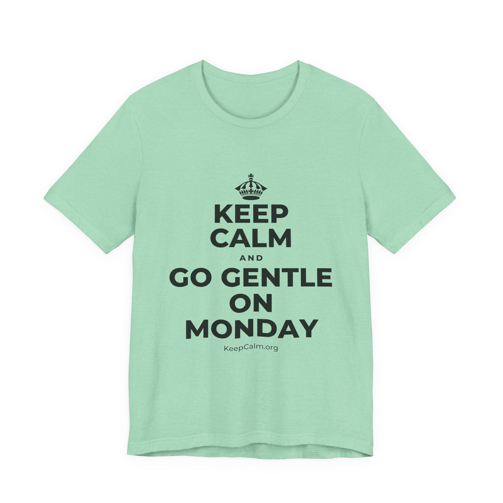 KEEP CALM AND GO GENTLE ON MONDAY T-Shirt (Baby Blue–Silver)