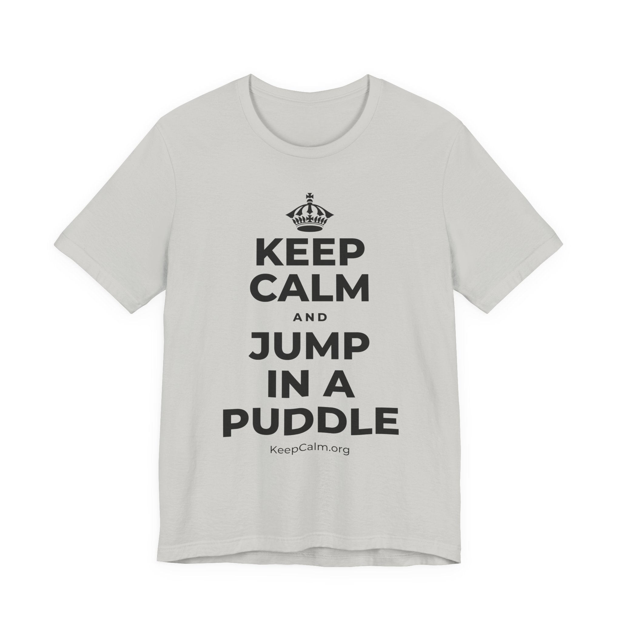 KEEP CALM AND JUMP IN A PUDDLE T-Shirt (Baby Blue–Silver)