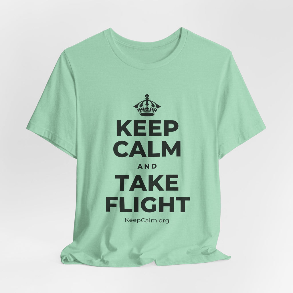 KEEP CALM AND TAKE FLIGHT T-Shirt (Baby Blue–Silver)