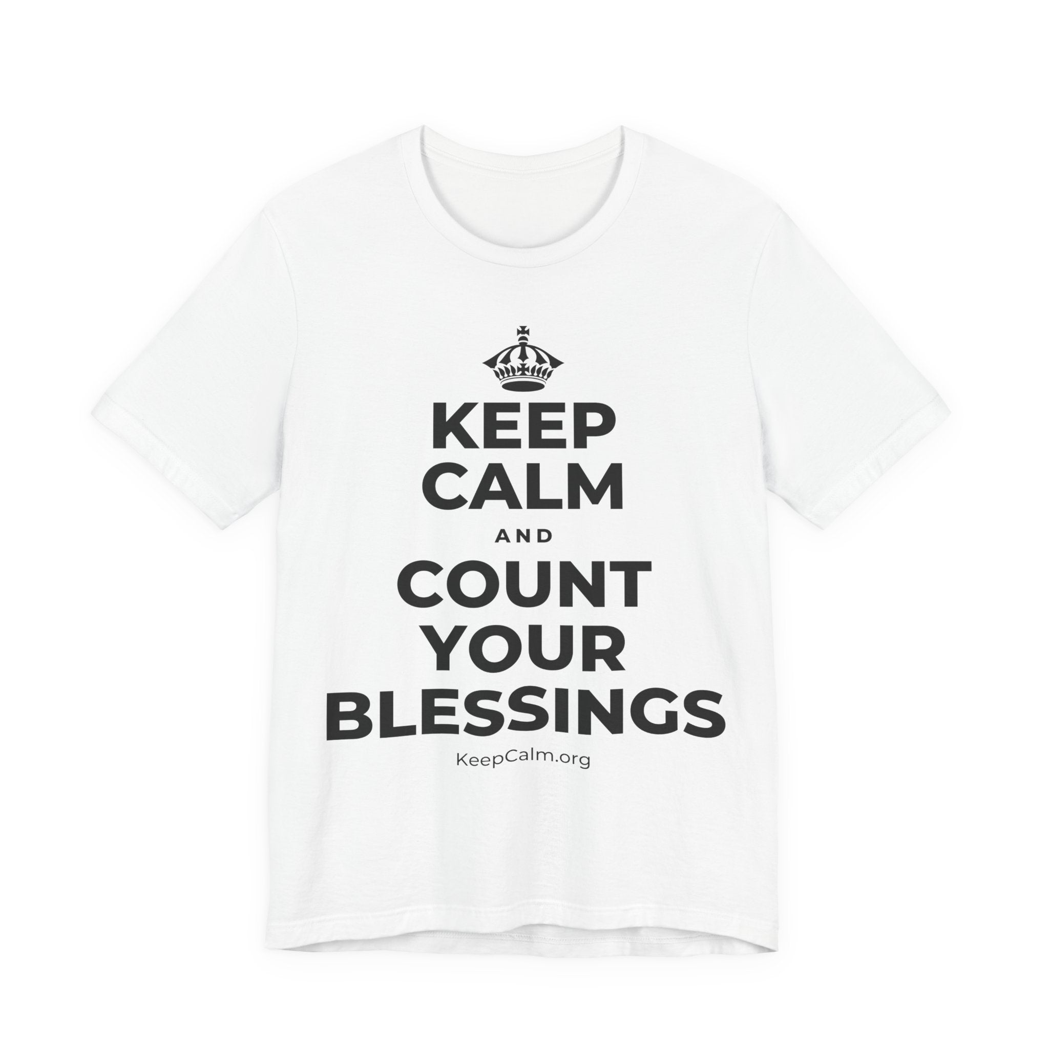 KEEP CALM AND COUNT YOUR BLESSINGS T-Shirt (White–Asphalt)