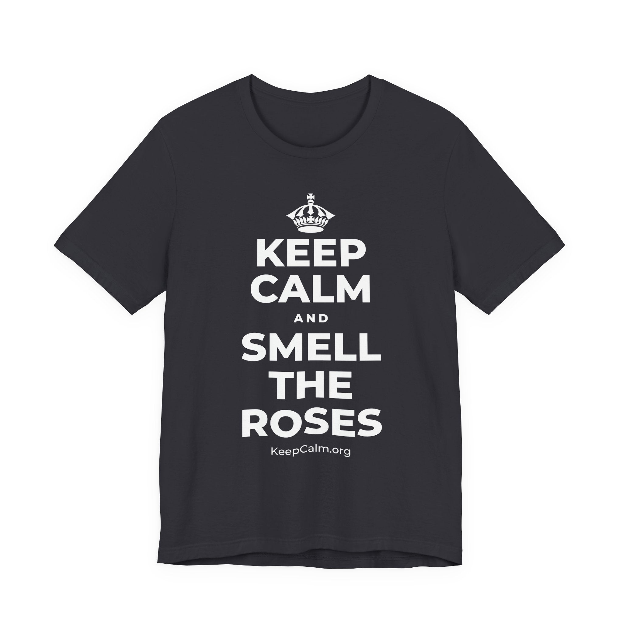 KEEP CALM AND SMELL THE ROSES T-Shirt (Baby Blue–Silver)