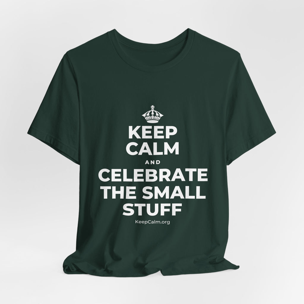 KEEP CALM AND CELEBRATE THE SMALL STUFF T-Shirt (White–Asphalt)
