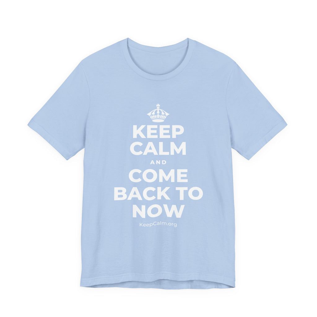 KEEP CALM AND COME BACK TO NOW T-Shirt (Baby Blue–Silver)