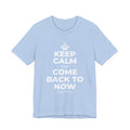 KEEP CALM AND COME BACK TO NOW T-Shirt (Baby Blue–Silver)