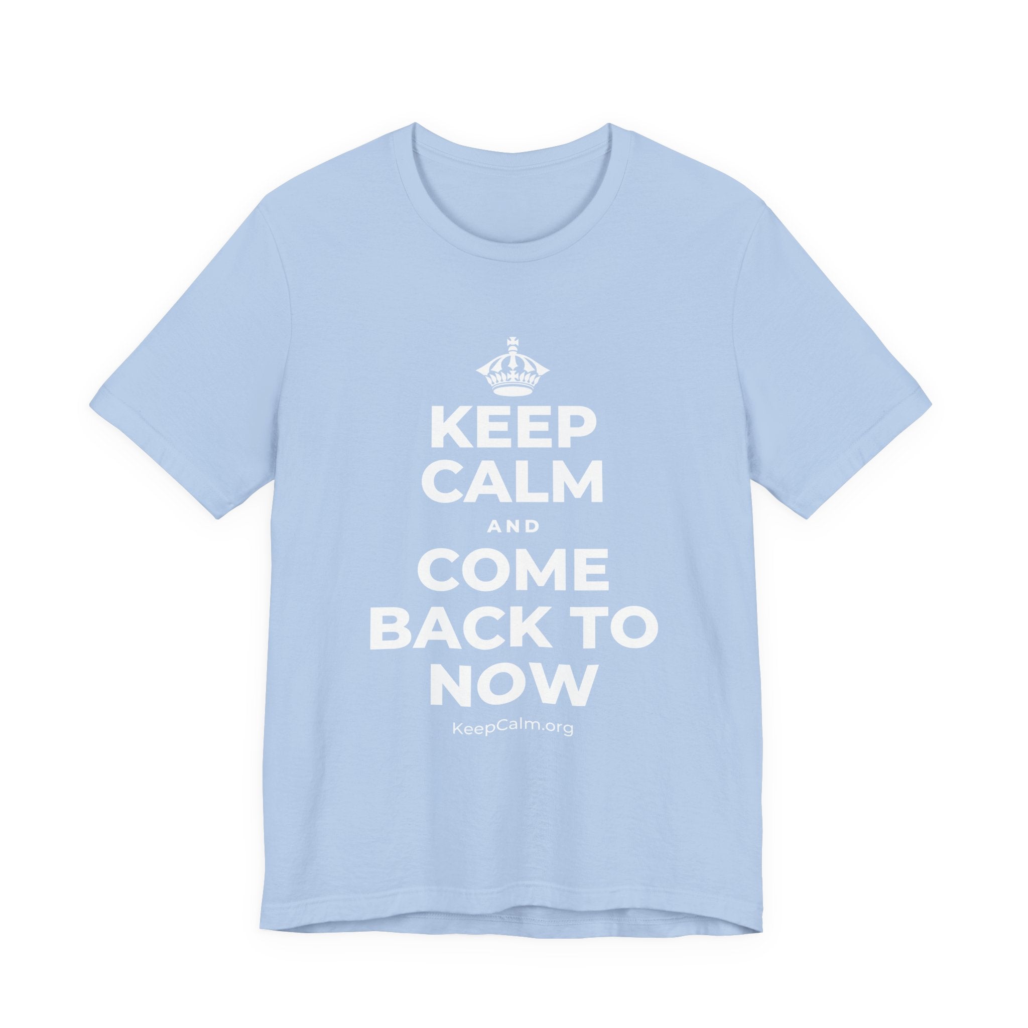 KEEP CALM AND COME BACK TO NOW T-Shirt (Baby Blue–Silver)