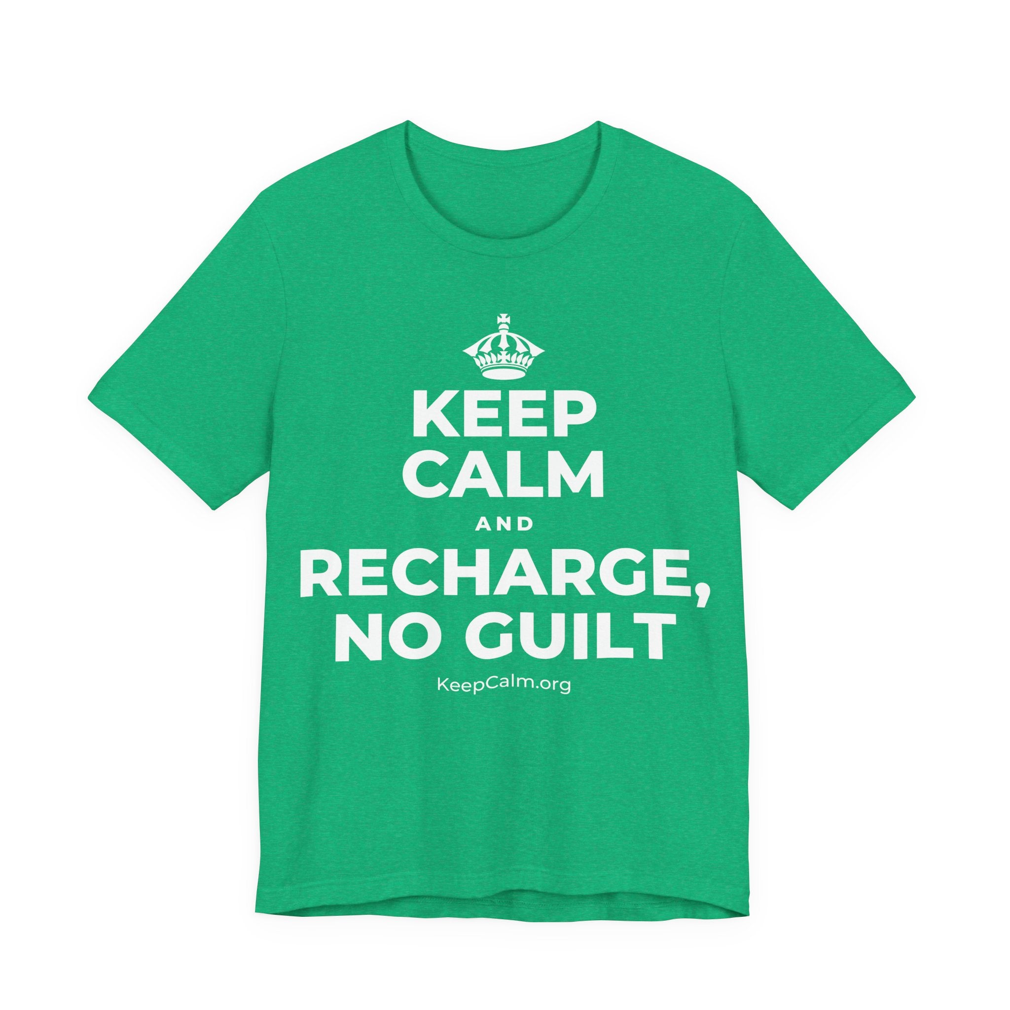KEEP CALM AND RECHARGE, NO GUILT T-Shirt (Baby Blue–Silver)