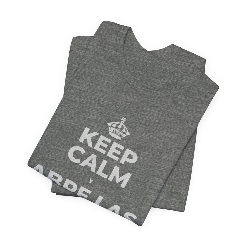 KEEP CALM Y ABRE LAS VENTANAS T-Shirt (Baby Blue–Silver)