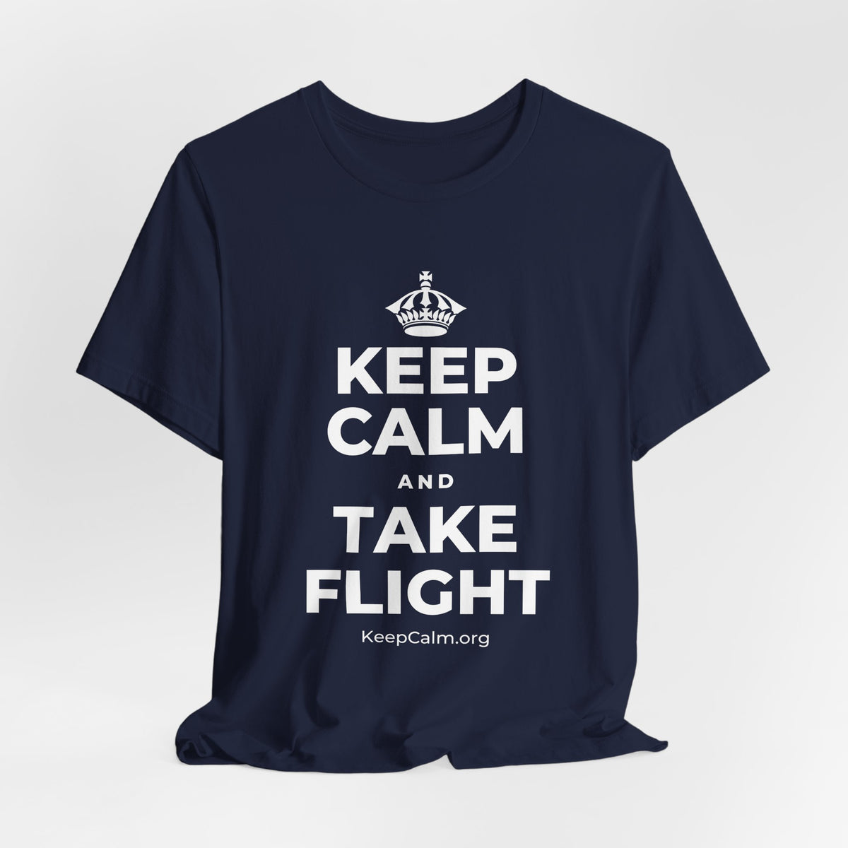KEEP CALM AND TAKE FLIGHT T-Shirt (White–Asphalt)