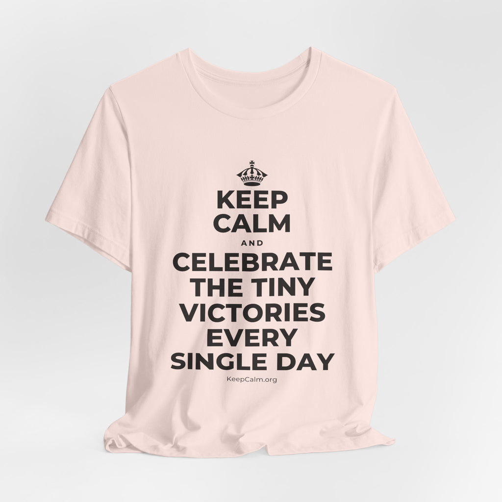 KEEP CALM AND CELEBRATE THE TINY VICTORIES EVERY SINGLE DAY T-Shirt (Soft Cream–Heather Mauve)