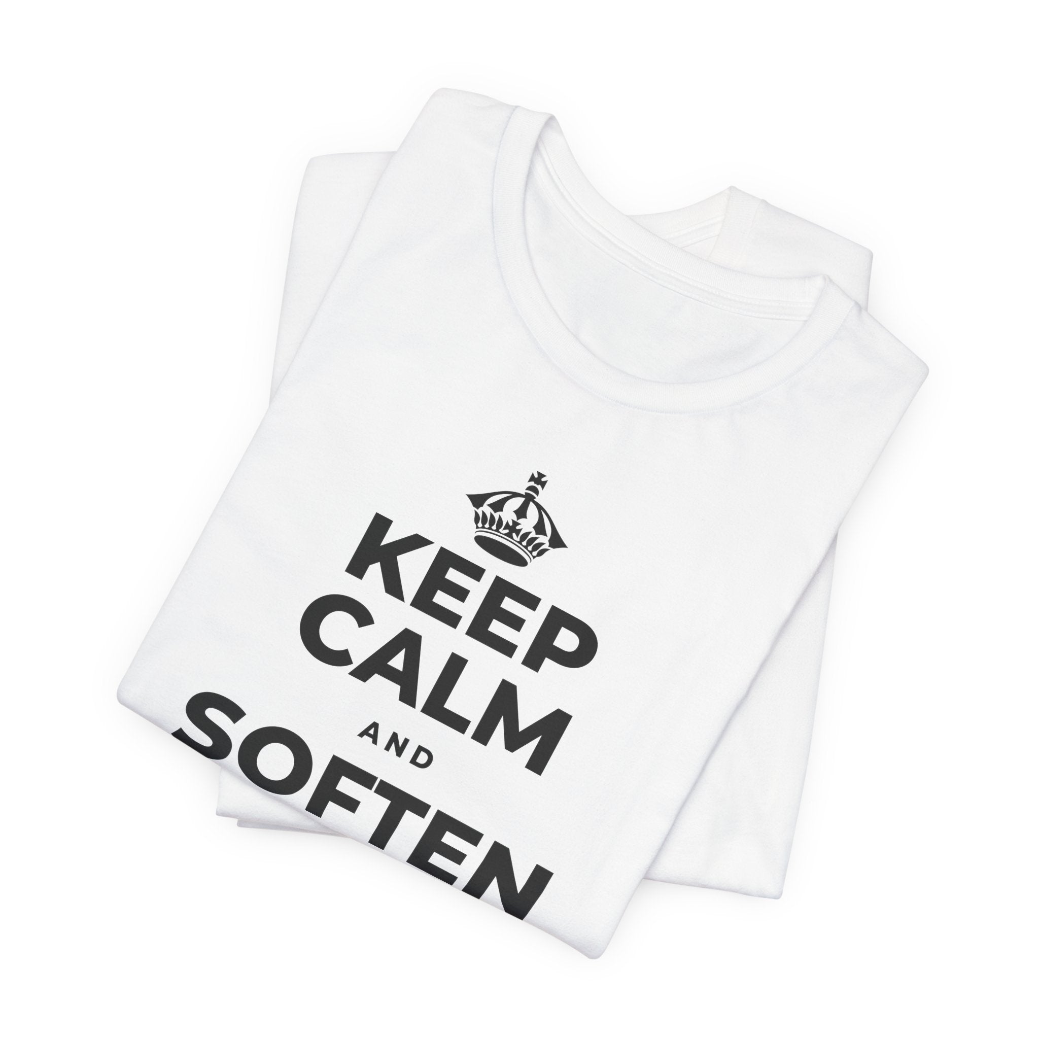 KEEP CALM AND SOFTEN INTO THE PILLOW T-Shirt (White–Asphalt)