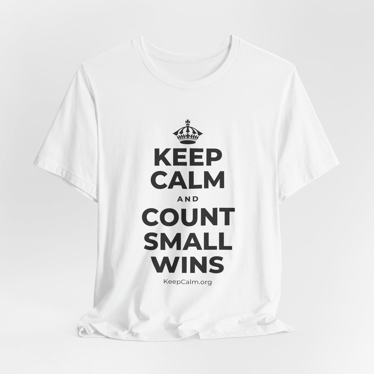 KEEP CALM AND COUNT SMALL WINS T-Shirt (White–Asphalt)