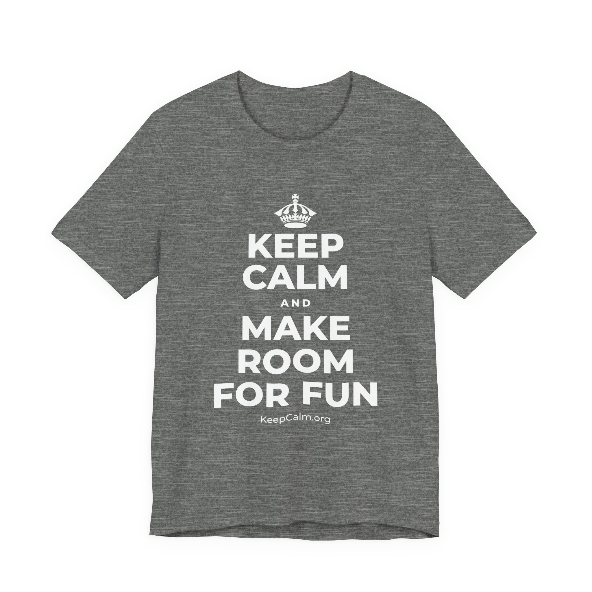 KEEP CALM AND MAKE ROOM FOR FUN T-Shirt (Baby Blue–Silver)