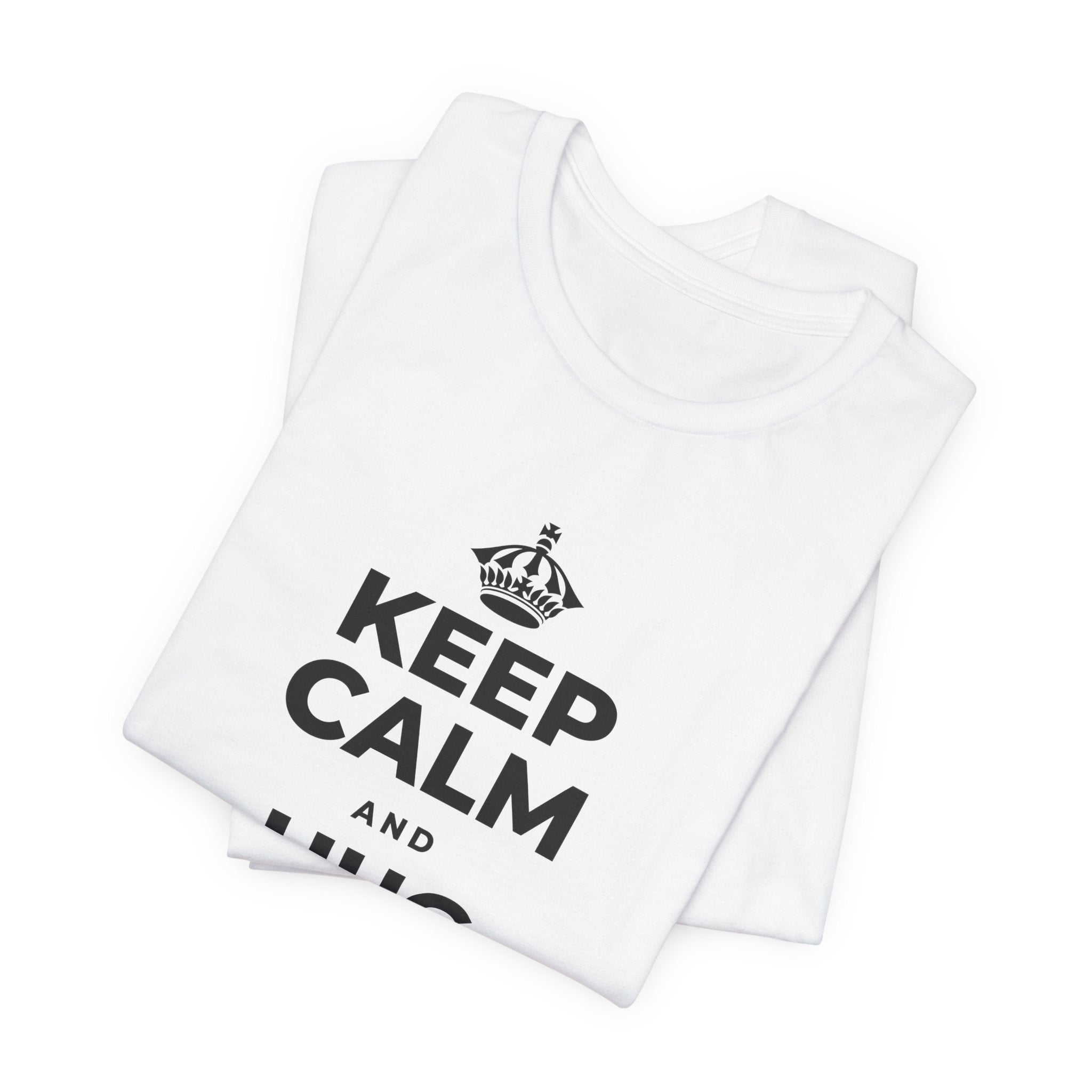 KEEP CALM AND HUG YOUR DOG T-Shirt (White–Asphalt)