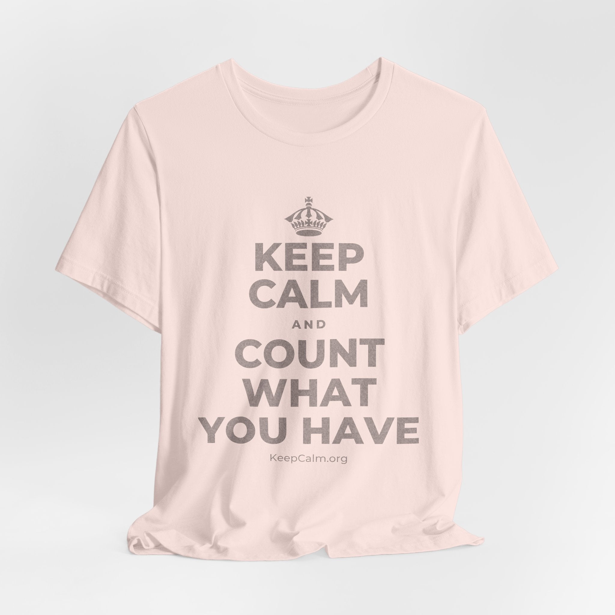 KEEP CALM AND COUNT WHAT YOU HAVE T-Shirt (Soft Cream–Heather Mauve)