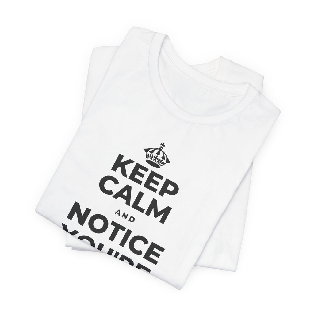 KEEP CALM AND NOTICE YOU'RE SAFE RIGHT NOW T-Shirt (White–Asphalt)