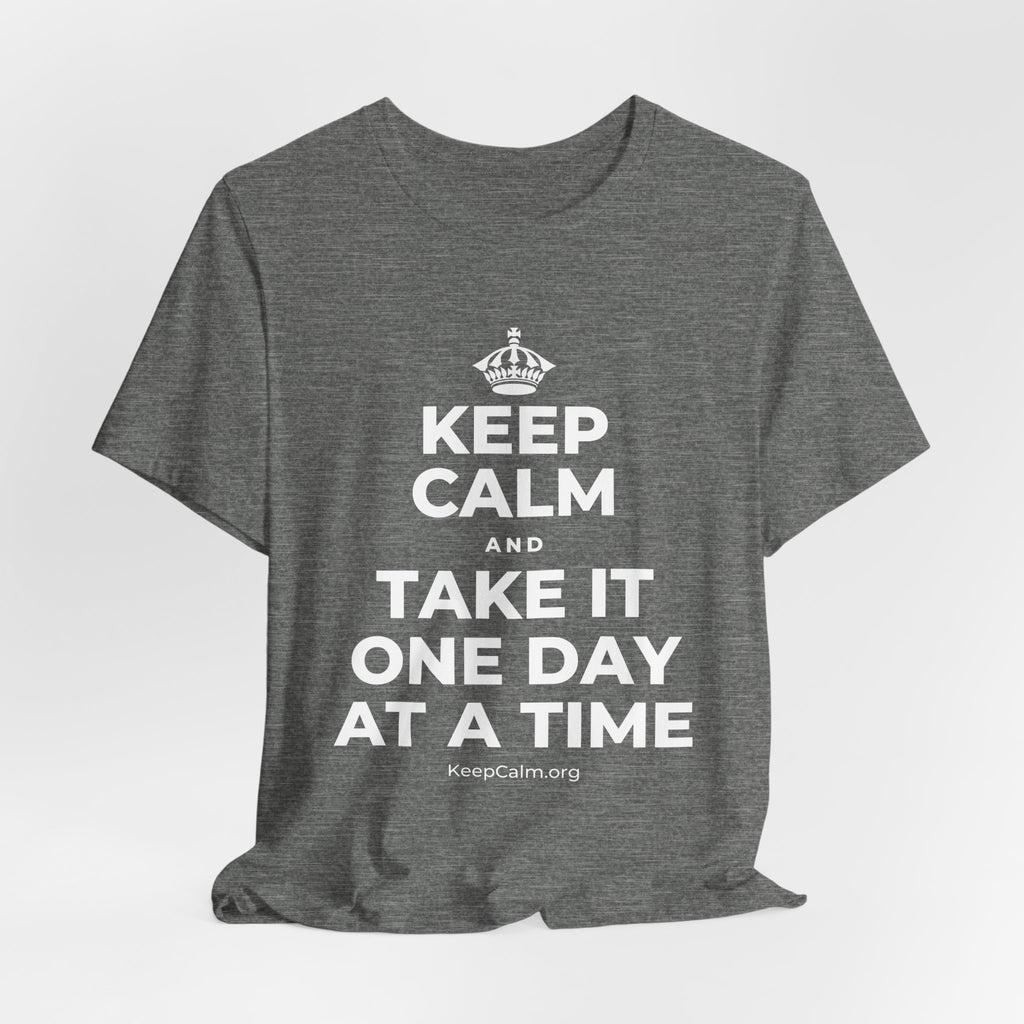 KEEP CALM AND TAKE IT ONE DAY AT A TIME T-Shirt (Baby Blue–Silver)