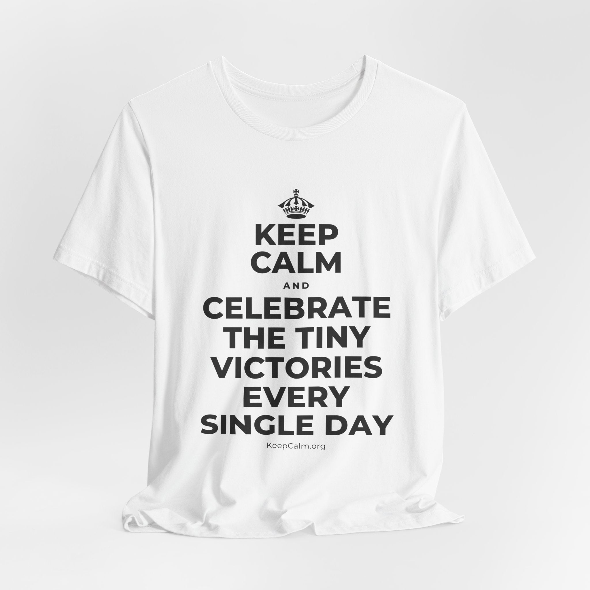 KEEP CALM AND CELEBRATE THE TINY VICTORIES EVERY SINGLE DAY T-Shirt (White–Asphalt)