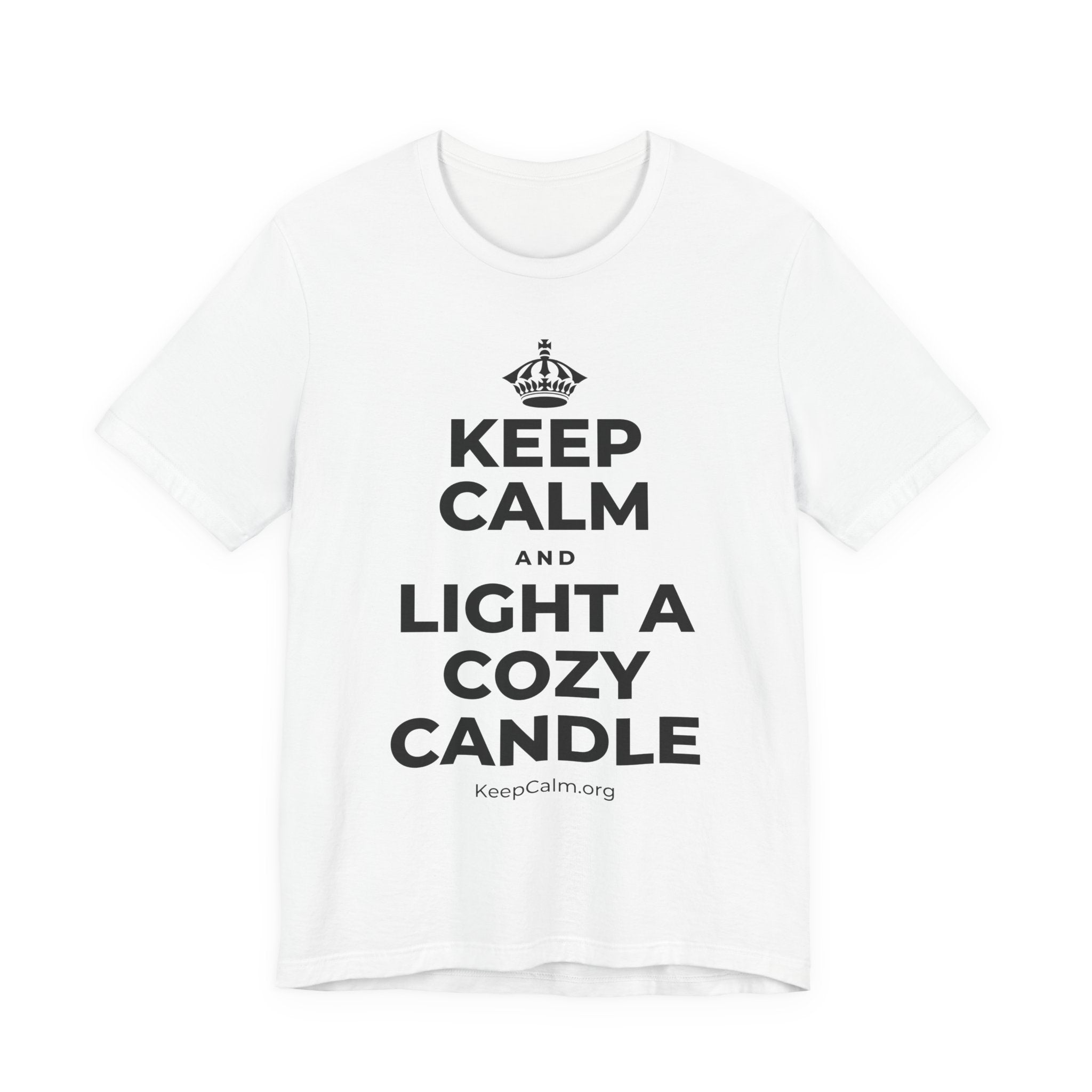 KEEP CALM AND LIGHT A COZY CANDLE T-Shirt (White–Asphalt)