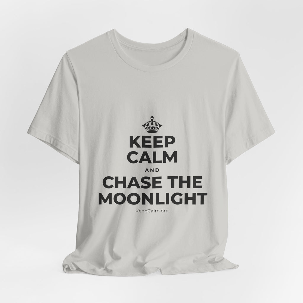 KEEP CALM AND CHASE THE MOONLIGHT T-Shirt (Baby Blue–Silver)