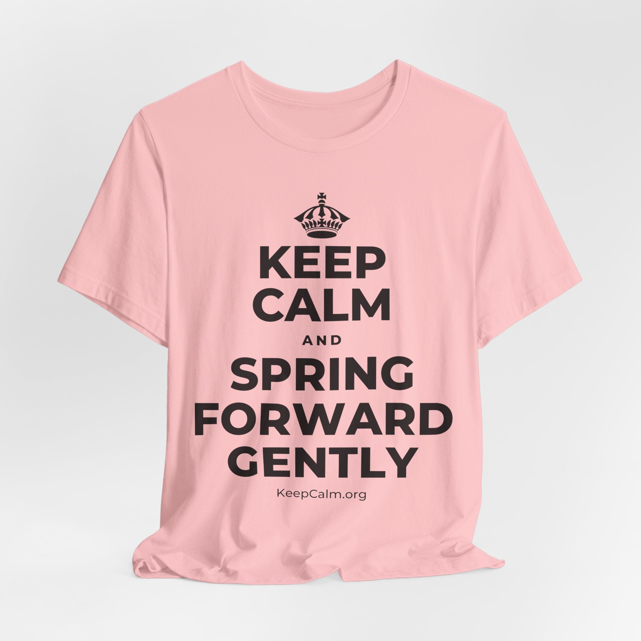 KEEP CALM AND SPRING FORWARD GENTLY T-Shirt (White–Asphalt)