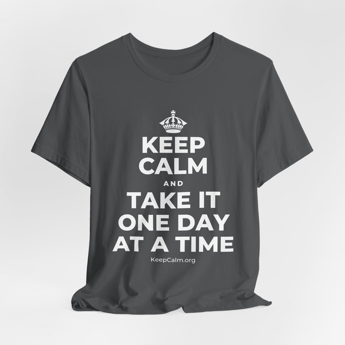 KEEP CALM AND TAKE IT ONE DAY AT A TIME T-Shirt (White–Asphalt)