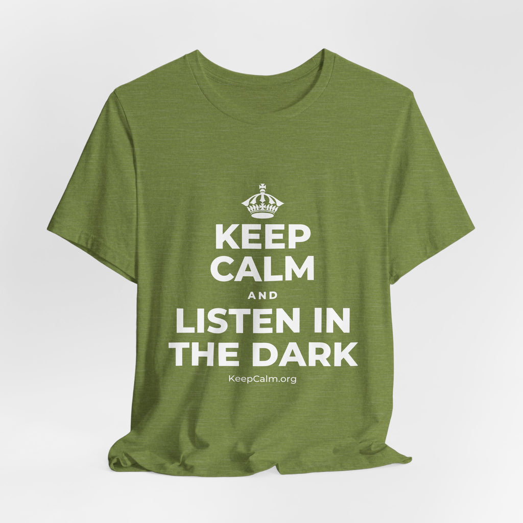 KEEP CALM AND LISTEN IN THE DARK T-Shirt (Baby Blue–Silver)