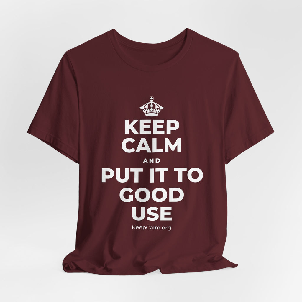KEEP CALM AND PUT IT TO GOOD USE T-Shirt (Baby Blue–Silver)