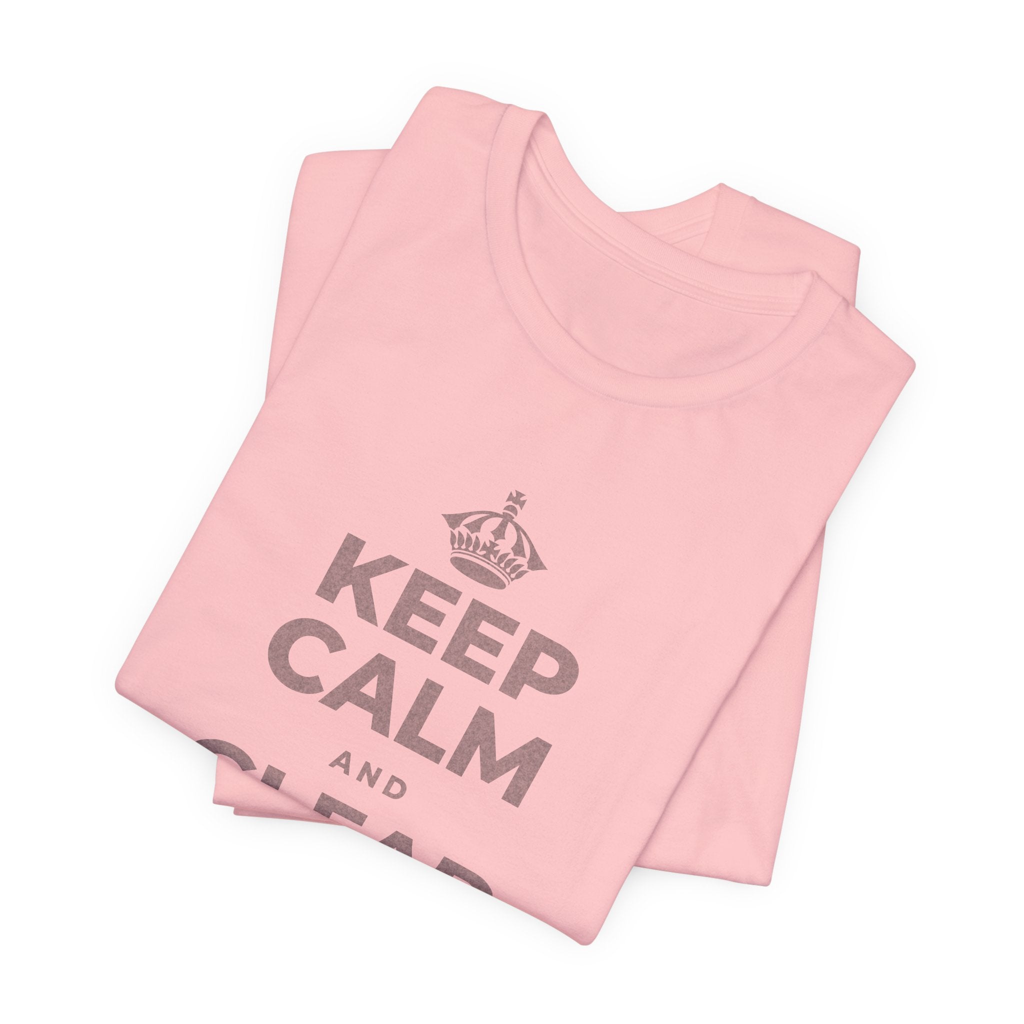 KEEP CALM AND CLEAR ONE SHELF T-Shirt (White–Asphalt)