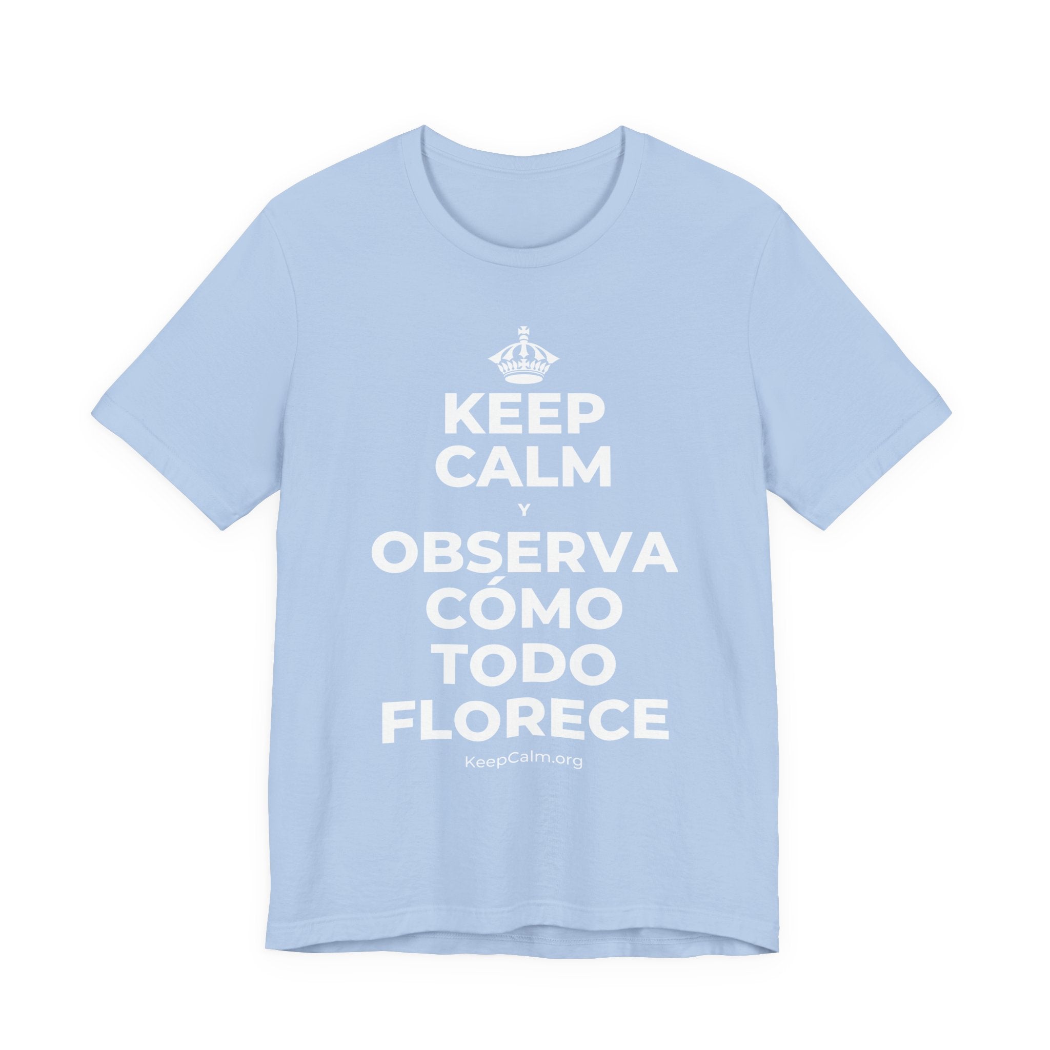 KEEP CALM Y OBSERVA CÓMO TODO FLORECE T-Shirt (Baby Blue–Silver)