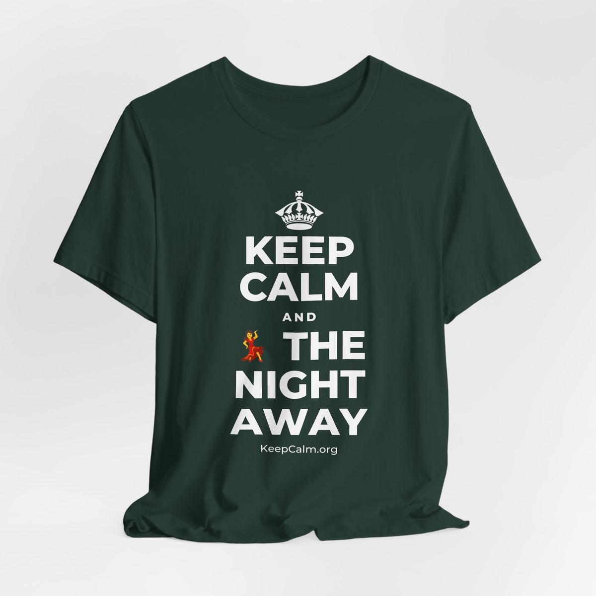 KEEP CALM AND 💃 THE NIGHT AWAY T-Shirt (White–Asphalt)