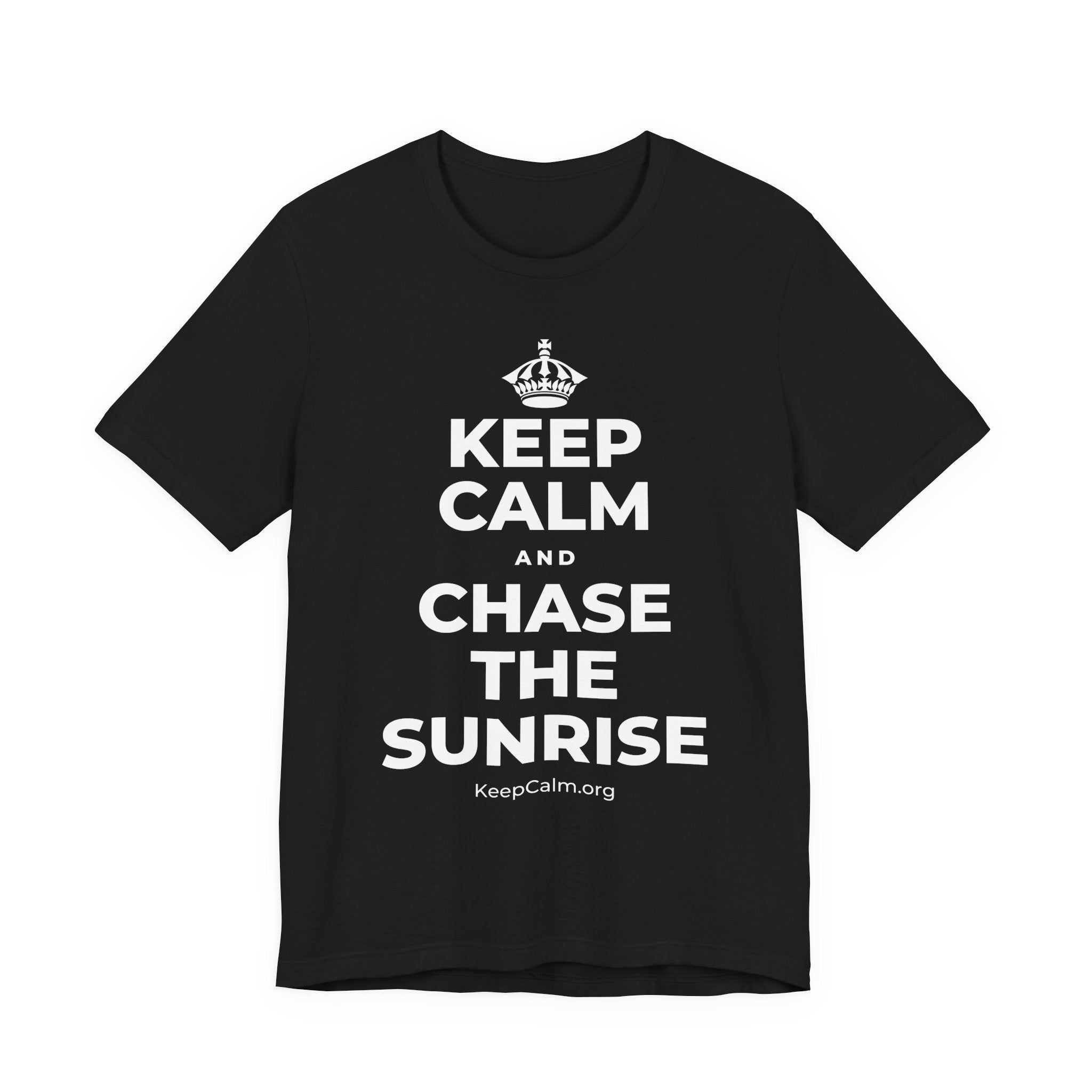 KEEP CALM AND CHASE THE SUNRISE T-Shirt (White–Asphalt)