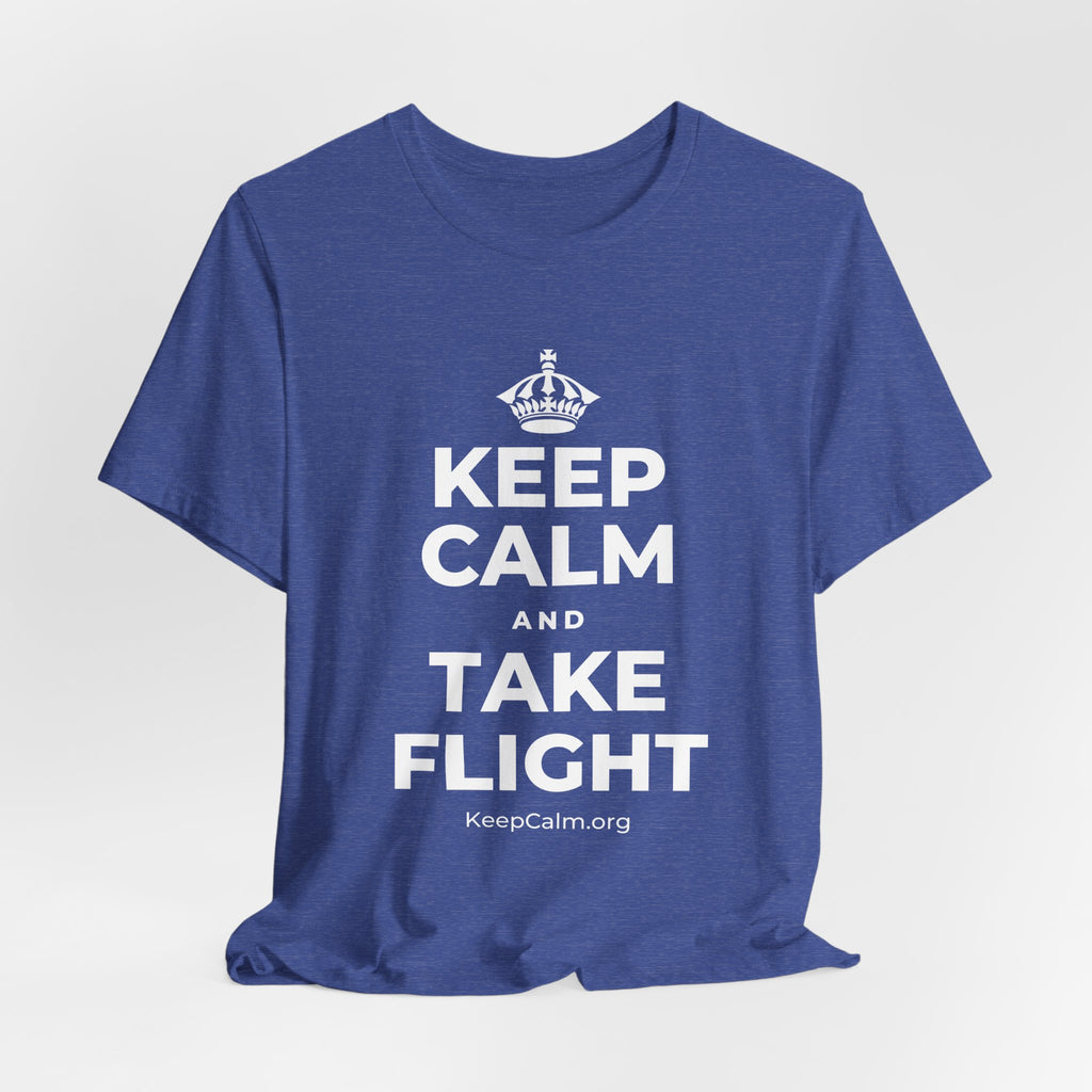 KEEP CALM AND TAKE FLIGHT T-Shirt (Baby Blue–Silver)