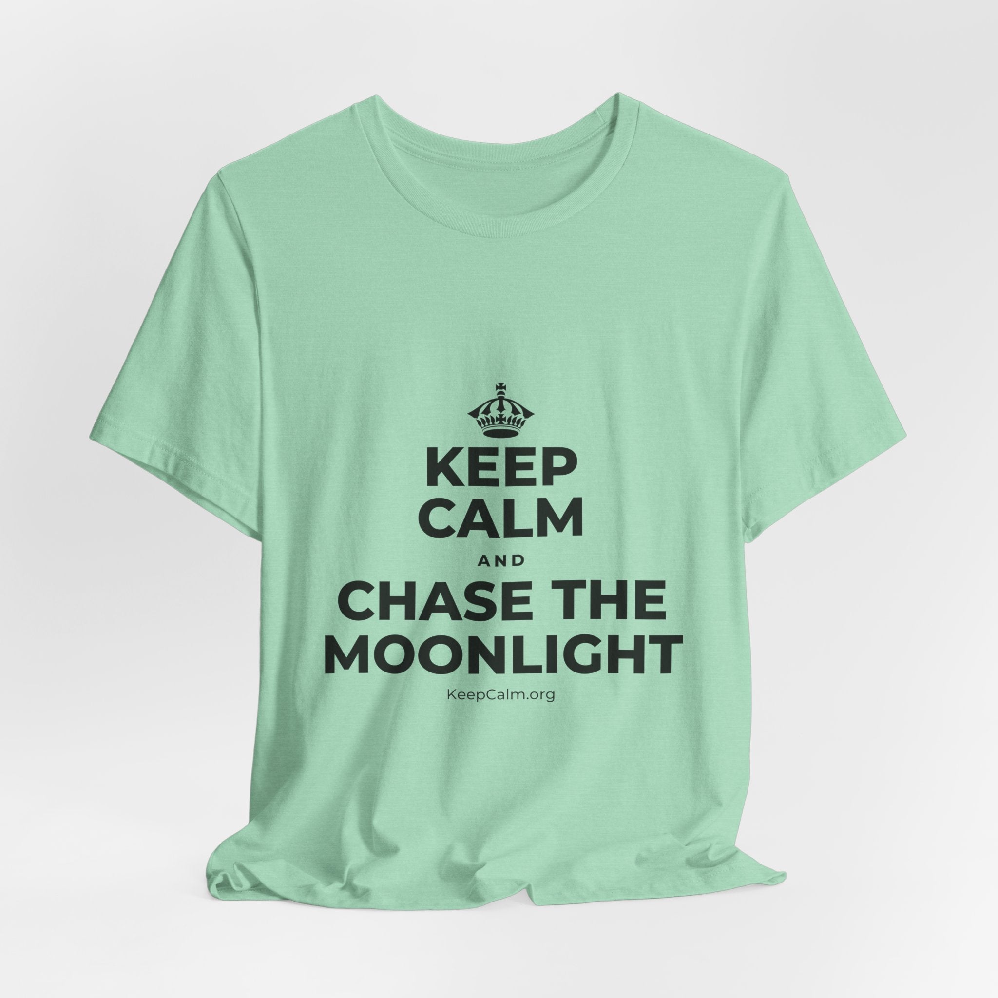 KEEP CALM AND CHASE THE MOONLIGHT T-Shirt (Baby Blue–Silver)