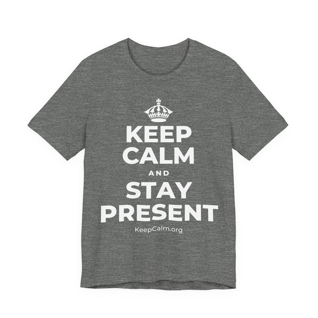 KEEP CALM AND STAY PRESENT T-Shirt (Baby Blue–Silver)